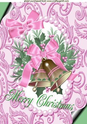 Christmas Bells with Pink Bows, in Pearl Frame A4