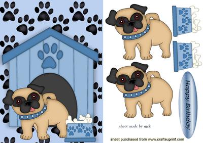 Little Pug with Blue Collar and Kennel