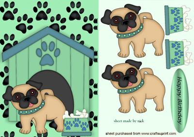 Little Pug in Kennel with Green Collar