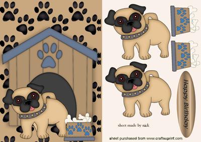 Little Pug with Brown Collar and Kennel