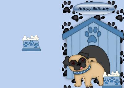Little Pug with Blue Collar and Kennel A5 Card