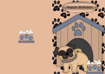 Little Pug with Brown Collar and Kennel A5 Card