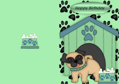 Cute Pug in Green Collar with Kennel A5 Card