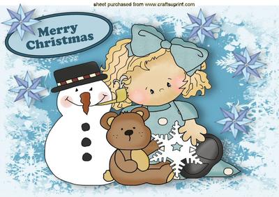 Little Girl with Her Teddy and a Snowman A4