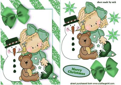Little Girl with Snowman and Teddy in Green Bow