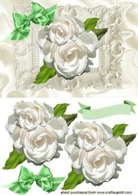 White Roses with Green Bow in Ornate Frame