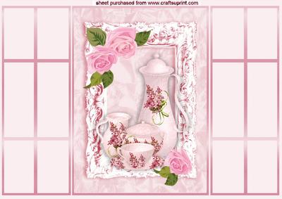 Teatime in Pretty Frame with Pink Roses, French Gatefold
