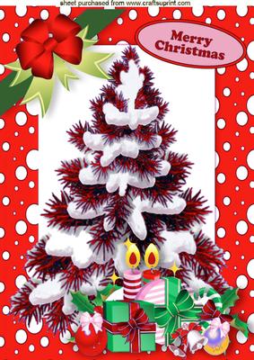 Christmas Tree with Presents in Red Snow Frame A4