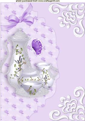 Lilac/white China Teaset on Scalloped Envelope A4