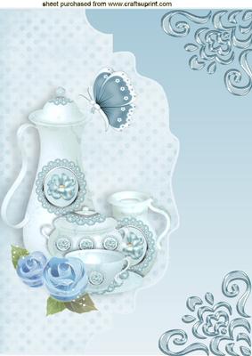 Ice Blue China Teaset on a Scalloped Envelope A4