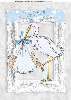Cute Baby Boy with Stork in Silver Frame A4