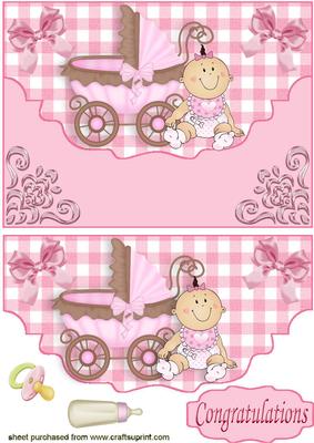 Baby Girl with Pram on Scalloped Envelope