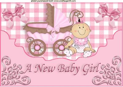 Baby Girl with Pram on Scalloped Envelope A4
