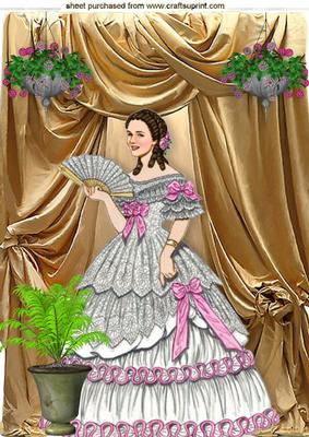 Victorian Lady with Hanging Baskets of Flowers in Gold Drape