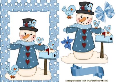 Snowman with Blue Birds in Snow Frame