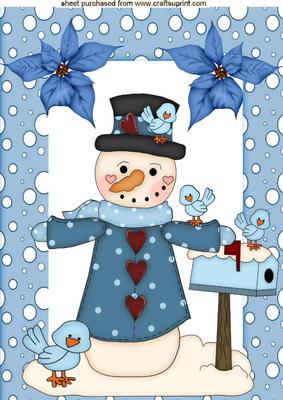 Snowman with Blue Birds in Snow Frame A4