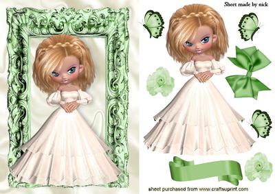 Pretty Lady in White Dress, in Green Ornate Frame