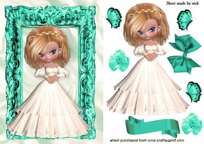 Pretty Lady in White Dress in Turq Ornate Frame