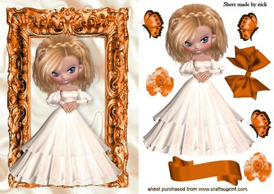 Pretty Lady in a White Dress in Orange Ornate Frame