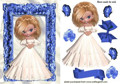 Pretty Lady in White Dress in Blue Ornate Frame