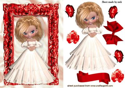 Pretty Lady in a White Dress in a Red Ornate Frame