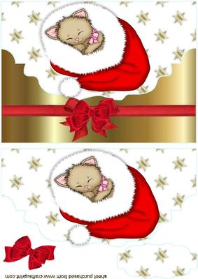 Little Kitty in Red Santa Hat , on Scalloped Envelope