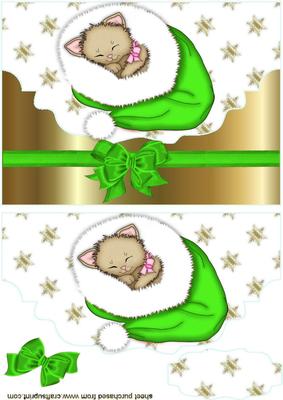 Little Kitty in Green Santa Hat, on a Scalloped Envelope