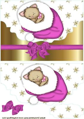 Little Kitty in Pink Santa Hat, on a Scalloped Envelope