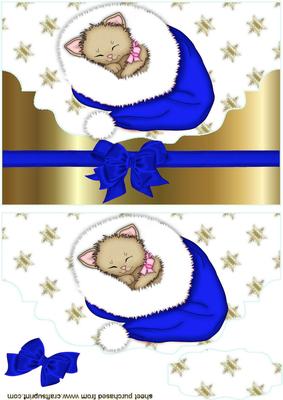 Little Kitty in Blue Santa Hat, on a Scalloped Envelope