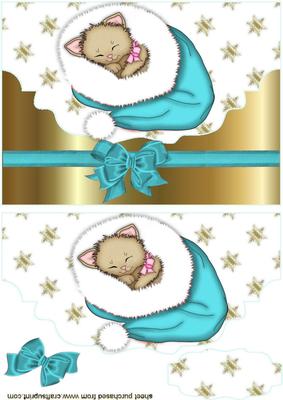 Little Kitty in Turq Blue Santa Hat, Scalloped Envelope