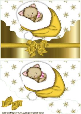 Little Kitty in Gold Santa Hat, on a Scalloped Envelope