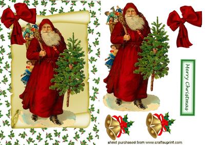 Santa with Vintage Bells and Bow on a Scroll