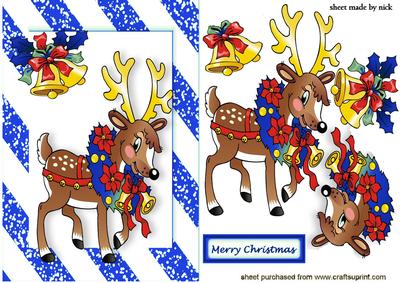 Santa's Reindeer, with Bells in Blue Frame