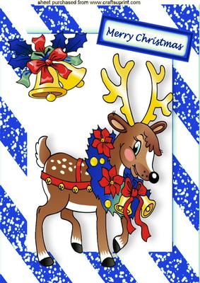 Santa's Reindeer with Bells in Blue Frame A4