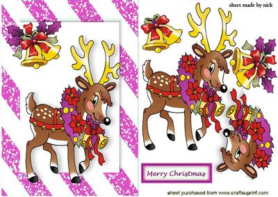 Santa's Reindeer with Bells, in Pink Frame