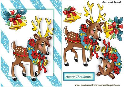 Santa's Reindeer with Bells in Turq Frame
