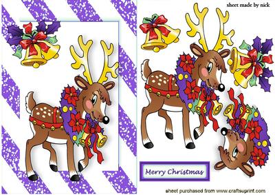 Santa's Reindeer with Bells in a Purple Frame