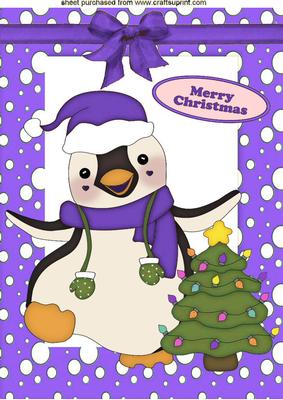 Jolly Little Christmas Penguin with Purple Bow A4