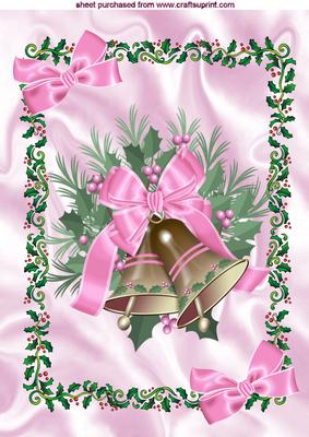 Christmas Bells with Pink Bow in Holly Frame A4