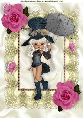 Little Vintage Girl with Pink Roses on Lace A4