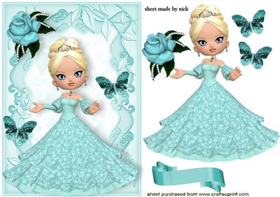 Pretty Lady in Turq Ball Gown in Floral Frame