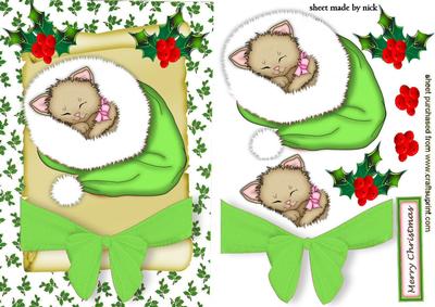 Little Kitty on a Scroll with Big Green Bow