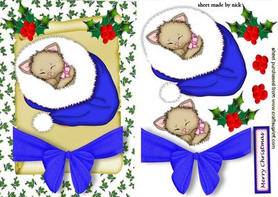 Little Kitty on a Scroll with Big Blue Bow