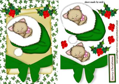 Little Kitty on a Scroll in Dark Green Big Bow