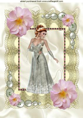 Pretty Lady in Gown with Pink Flowers on Lace A4
