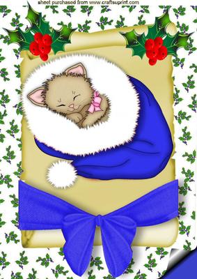 Sweet Little Kitty in Blue on a Scroll A4
