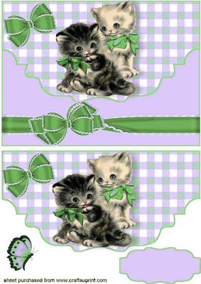Cute Pair of Kitties with Green Bow, on Scalloped Envelope