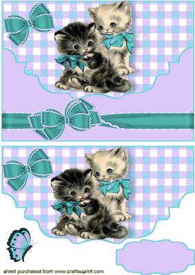 Cute Pair of Kitties with Turq Bow on a Scalloped Envelope