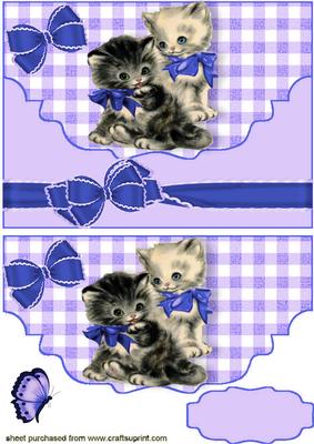 Cute Pair of Kitties with Blue Bow on Scalloped Envelope