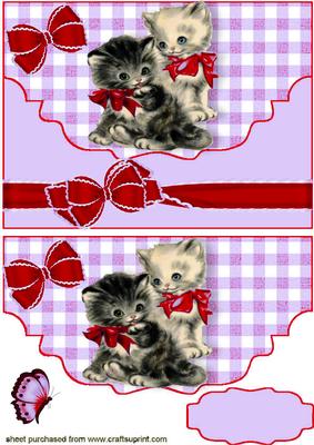 Cute Pair of Kitties with Red Bow on Scalloped Envelope